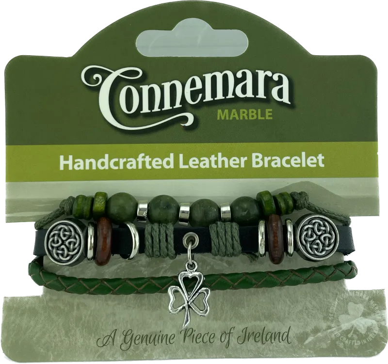 Leather & Connemara Marble Hippie Bracelet - Shamrock Charm