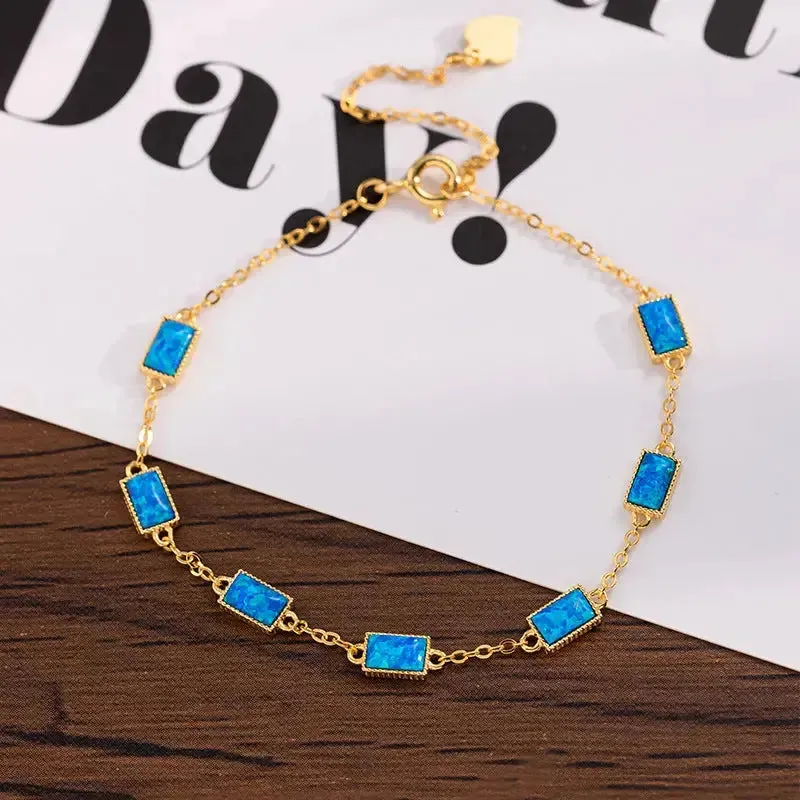LOVCIA Blue and Pink Cube Shaped Stone Inlaid 14K Gold Plated Sterling Silver Bracelet for Women