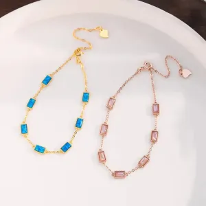 LOVCIA Blue and Pink Cube Shaped Stone Inlaid 14K Gold Plated Sterling Silver Bracelet for Women