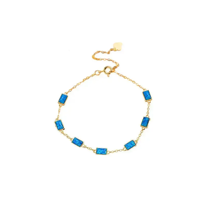 LOVCIA Blue and Pink Cube Shaped Stone Inlaid 14K Gold Plated Sterling Silver Bracelet for Women