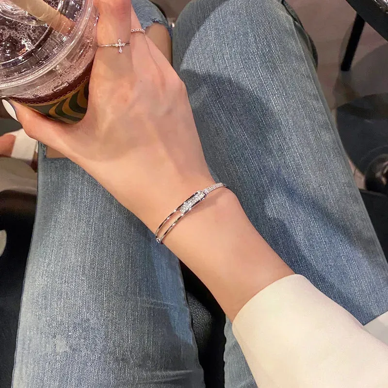 Luxury Crystal 925 Sterling Silver Inline Opening Bracelet Bangle for Women Glamorous Shiny Fashion Jewelry