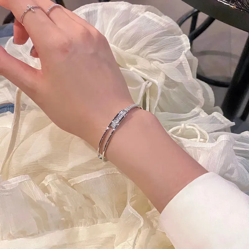 Luxury Crystal 925 Sterling Silver Inline Opening Bracelet Bangle for Women Glamorous Shiny Fashion Jewelry
