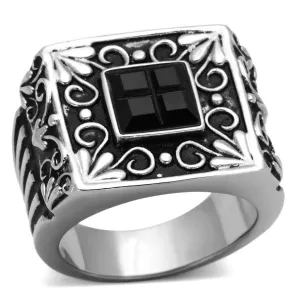 Mens Stylish Black Ring Stainless Steel Synthetic Glass