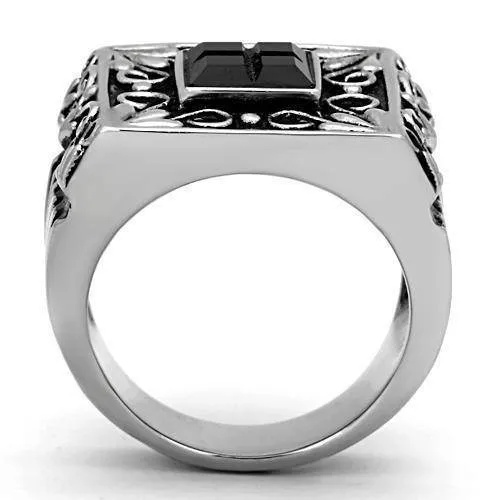 Mens Stylish Black Ring Stainless Steel Synthetic Glass