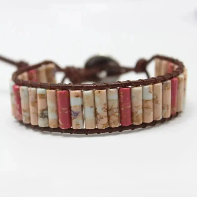 Multicolor Gemstone & Leather Gypsy Beaded Adjustable Bracelet