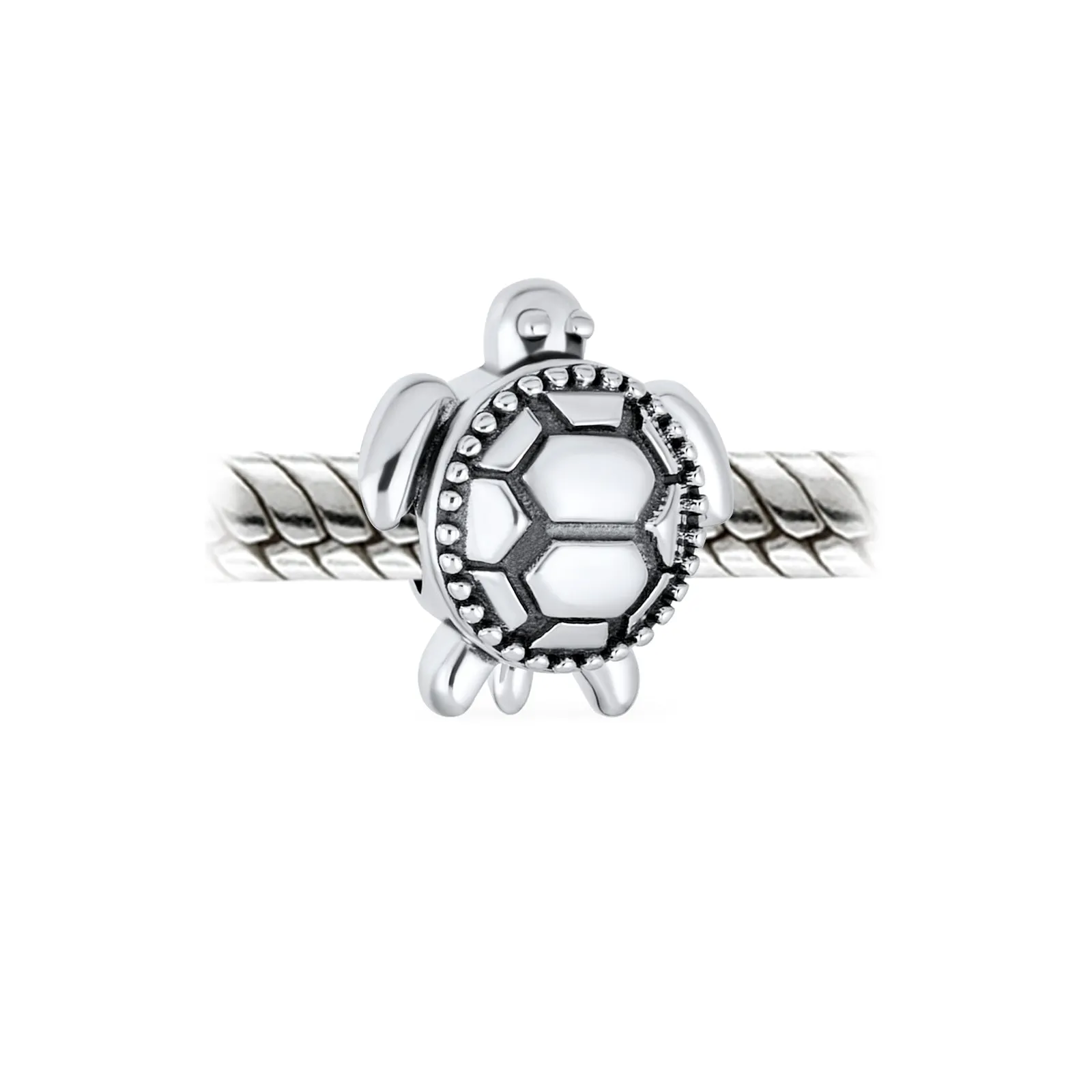 Nautical Sea Turtle Charm Bead in Oxidized Sterling Silver for European Bracelets