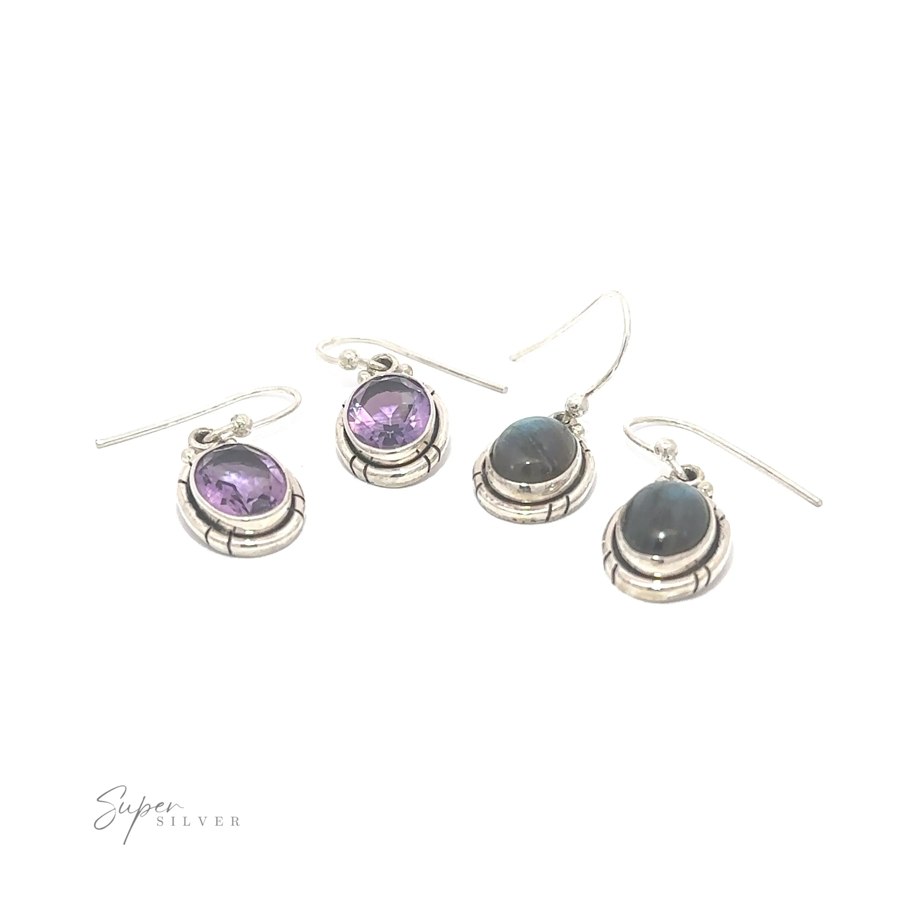 Oval Labradorite and Amethyst Dangle Earrings
