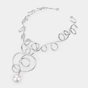 Pearl Accented Twisted Metal Necklace Silver