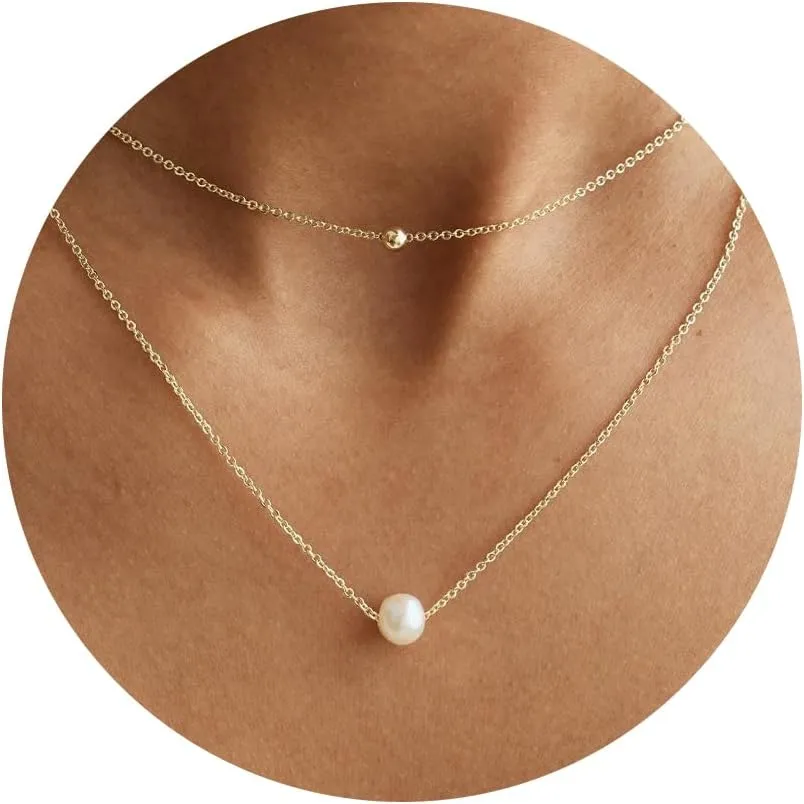 Pearl Necklaces for Women-14k Gold Plated Layered-Single Pearl Necklace Simple Pearl Choker Necklaces for Women Trendy Cute Gold Necklace Jewelry for Women Gifts