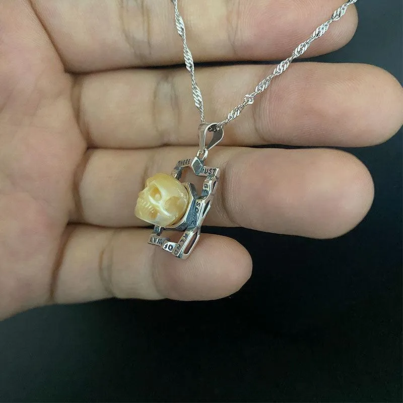 Pearl Skull Unique Square Inscription Engraved Necklace