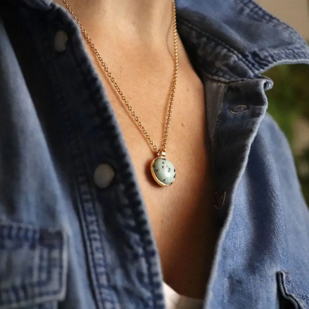 POM Golden Necklace With Large Round Green Resin Stone