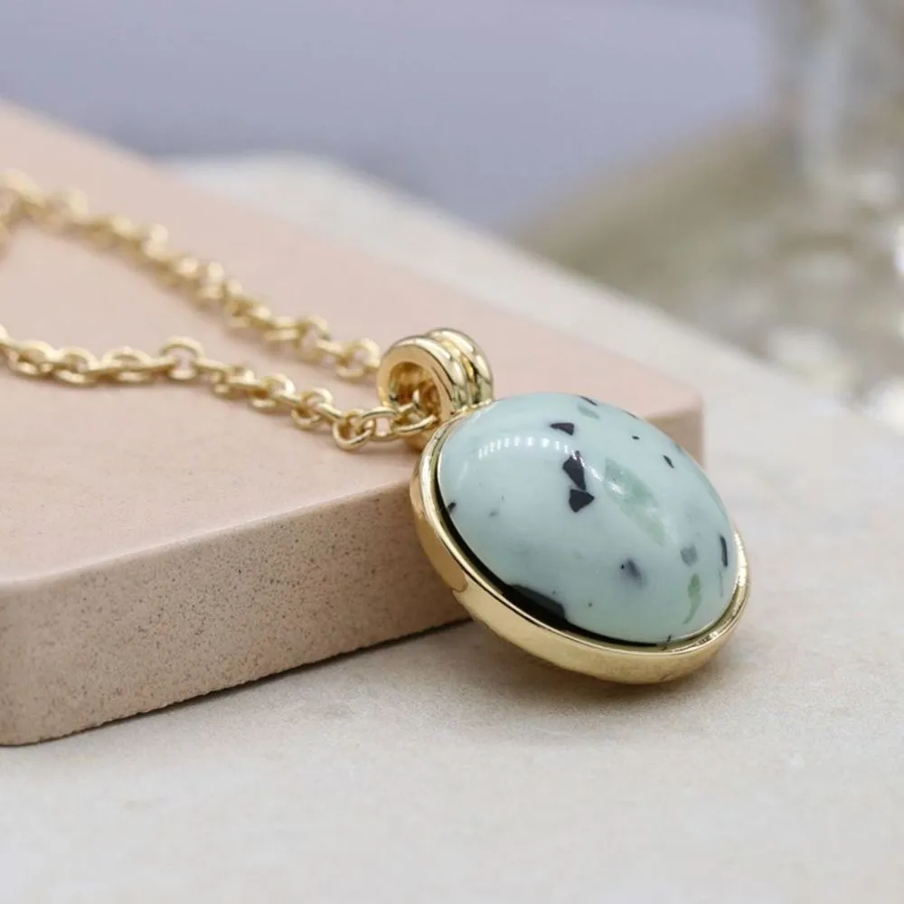 POM Golden Necklace With Large Round Green Resin Stone