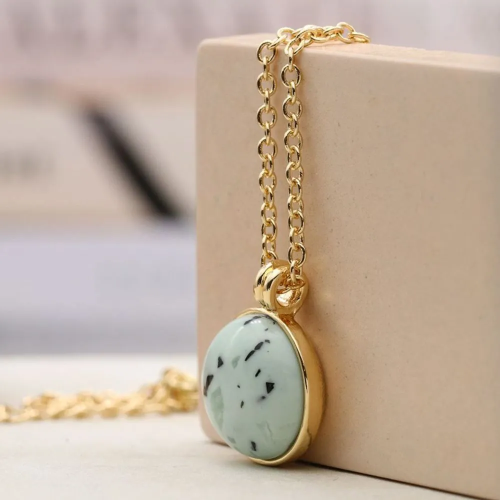 POM Golden Necklace With Large Round Green Resin Stone