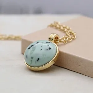 POM Golden Necklace With Large Round Green Resin Stone
