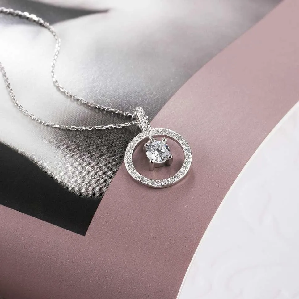 Round Hollow With Cubic Zirconia 925 Sterling Silver Necklace & Pendants For Women Fashion Wedding Jewelry