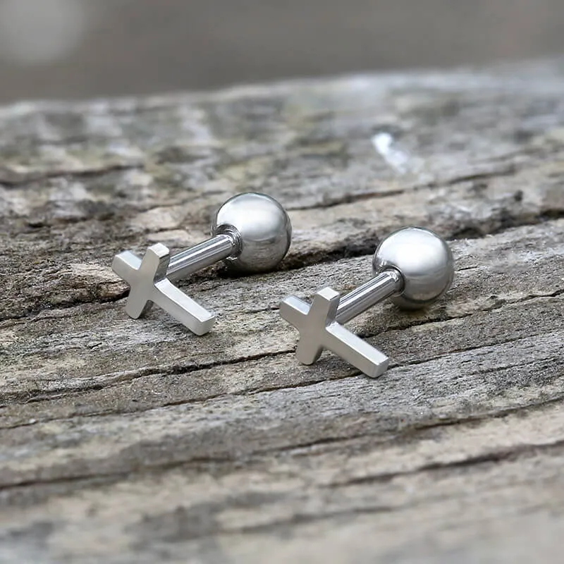 Simple Cross Stainless Steel Screw Back Earrings