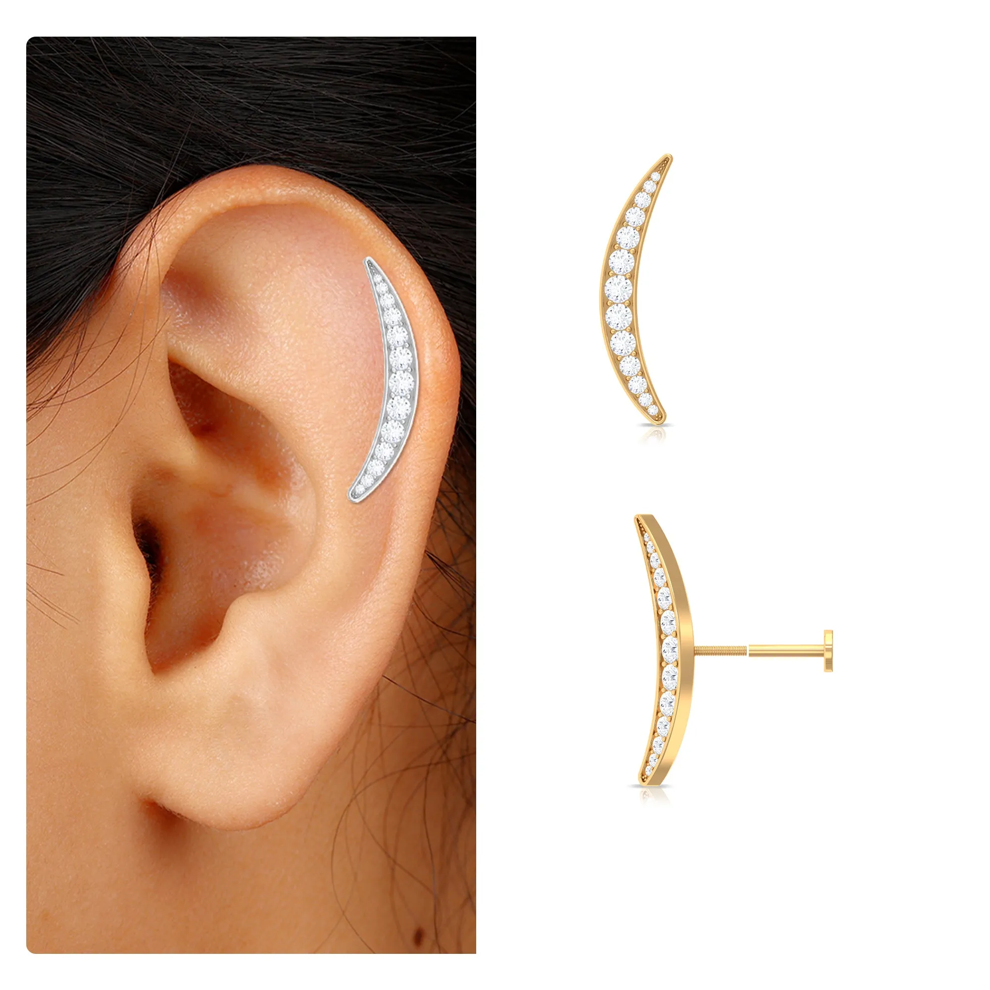 Simple Moissanite Curved Crawler Earring for Cartilage Piercing