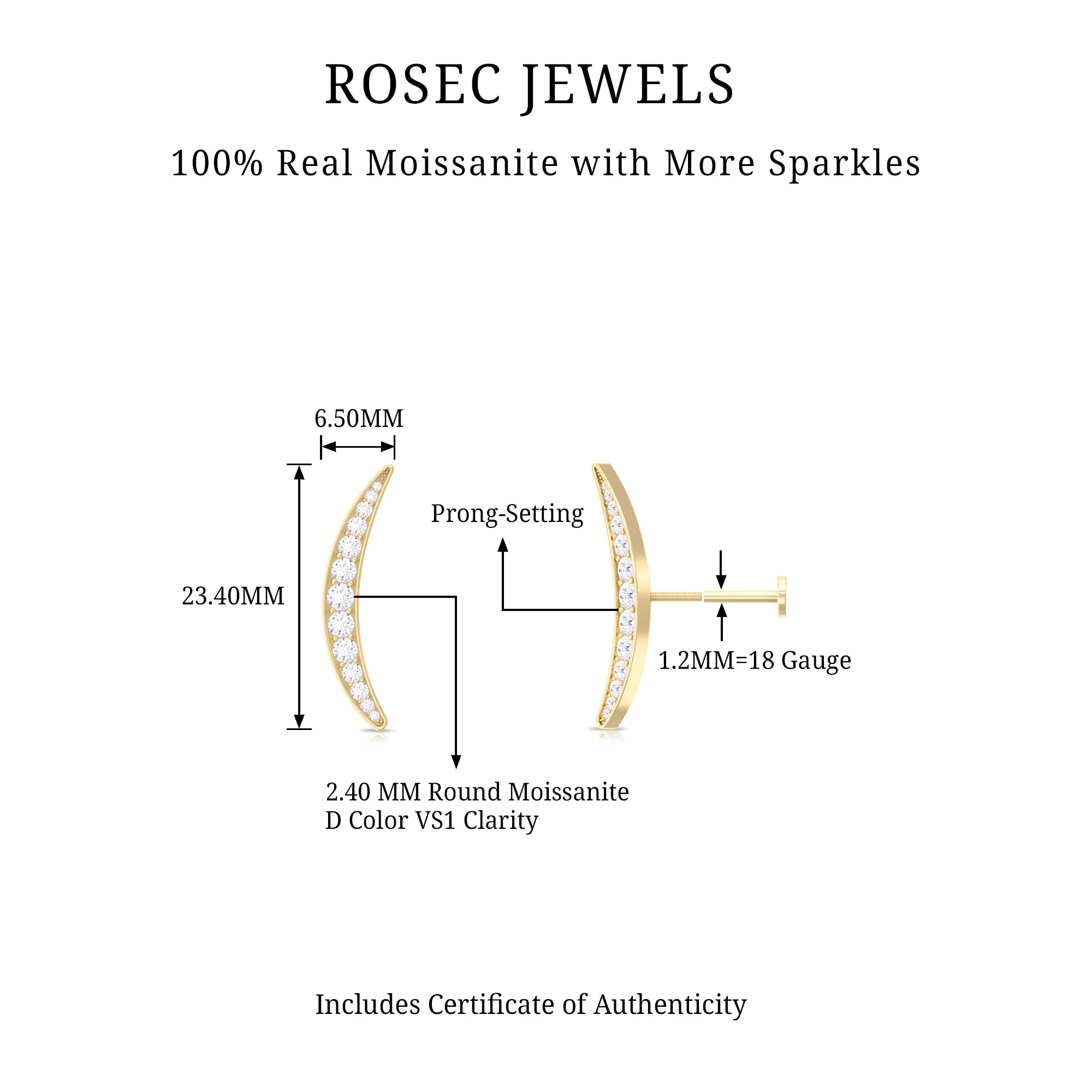 Simple Moissanite Curved Crawler Earring for Cartilage Piercing