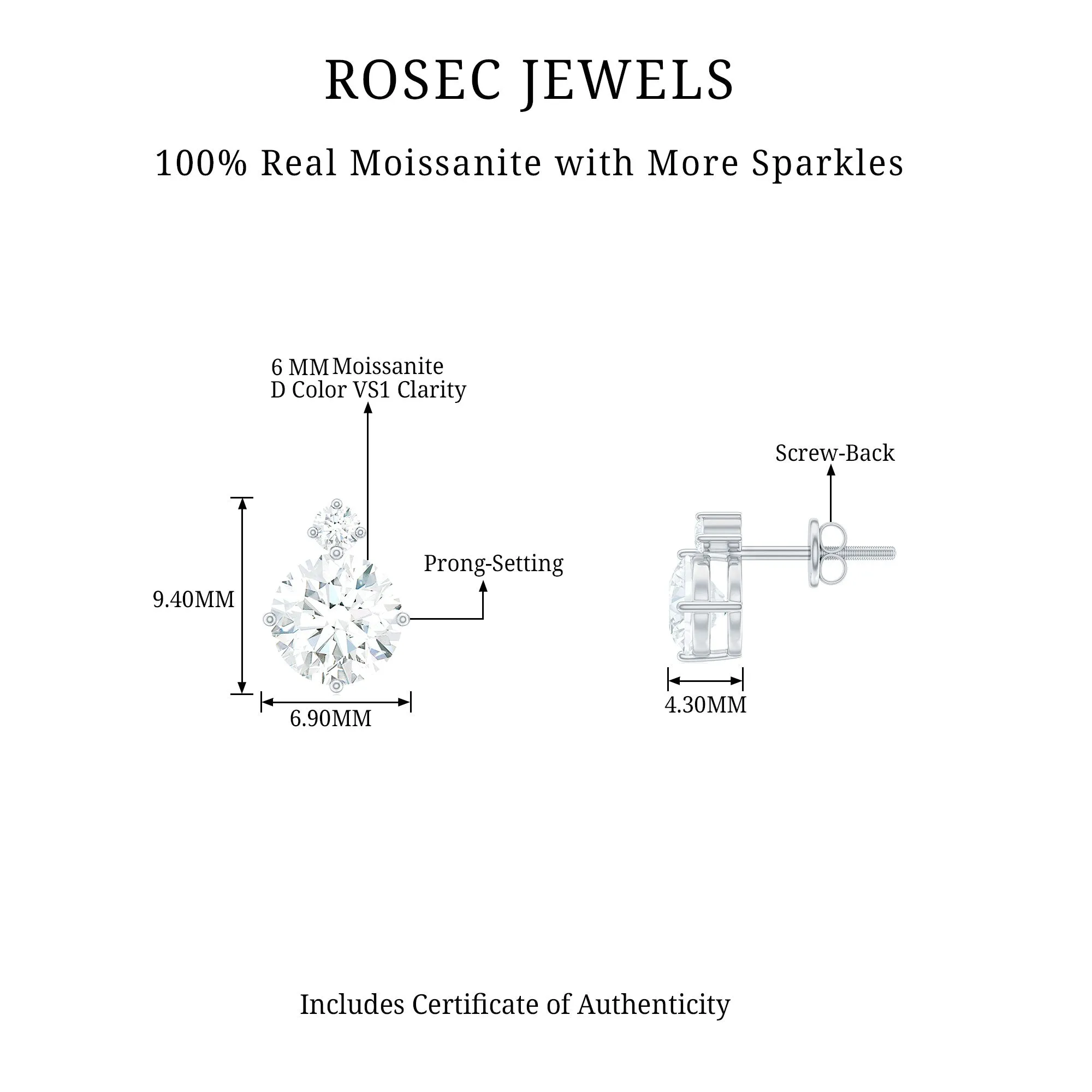 Simple Round Moissanite Solitaire Stud Earrings