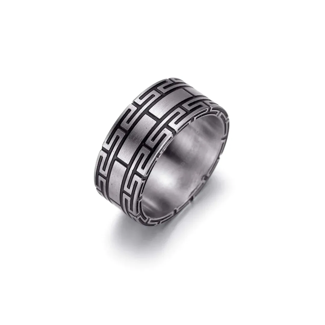 Stainless Steel Matte Black IP Greek Key Ring | Italgem Steel
