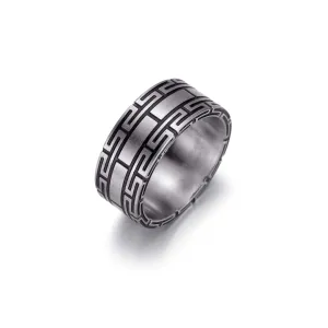 Stainless Steel Matte Black IP Greek Key Ring | Italgem Steel