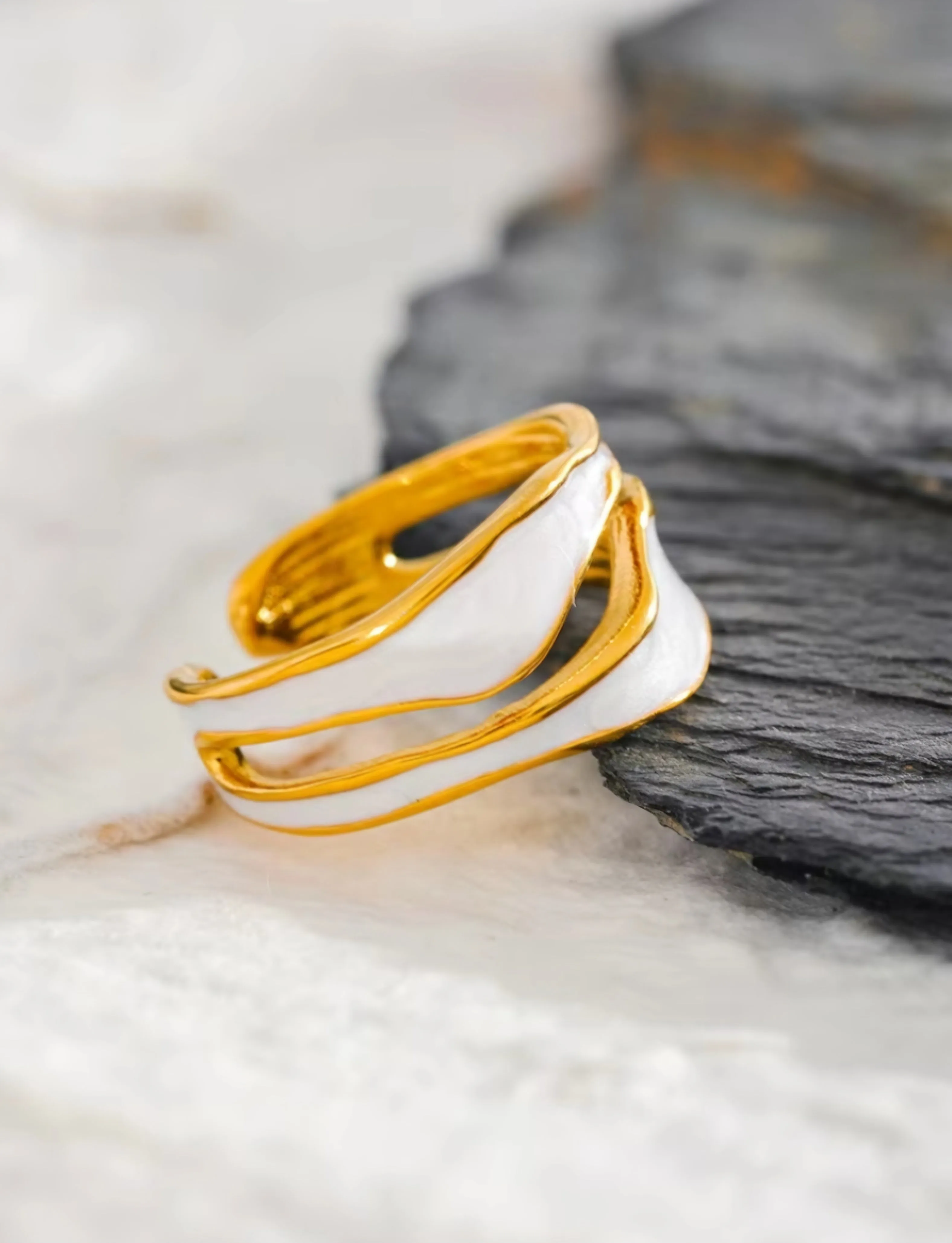 Stainless Steel Waterproof PVD Plated White Enamel Irregular Open Ring.