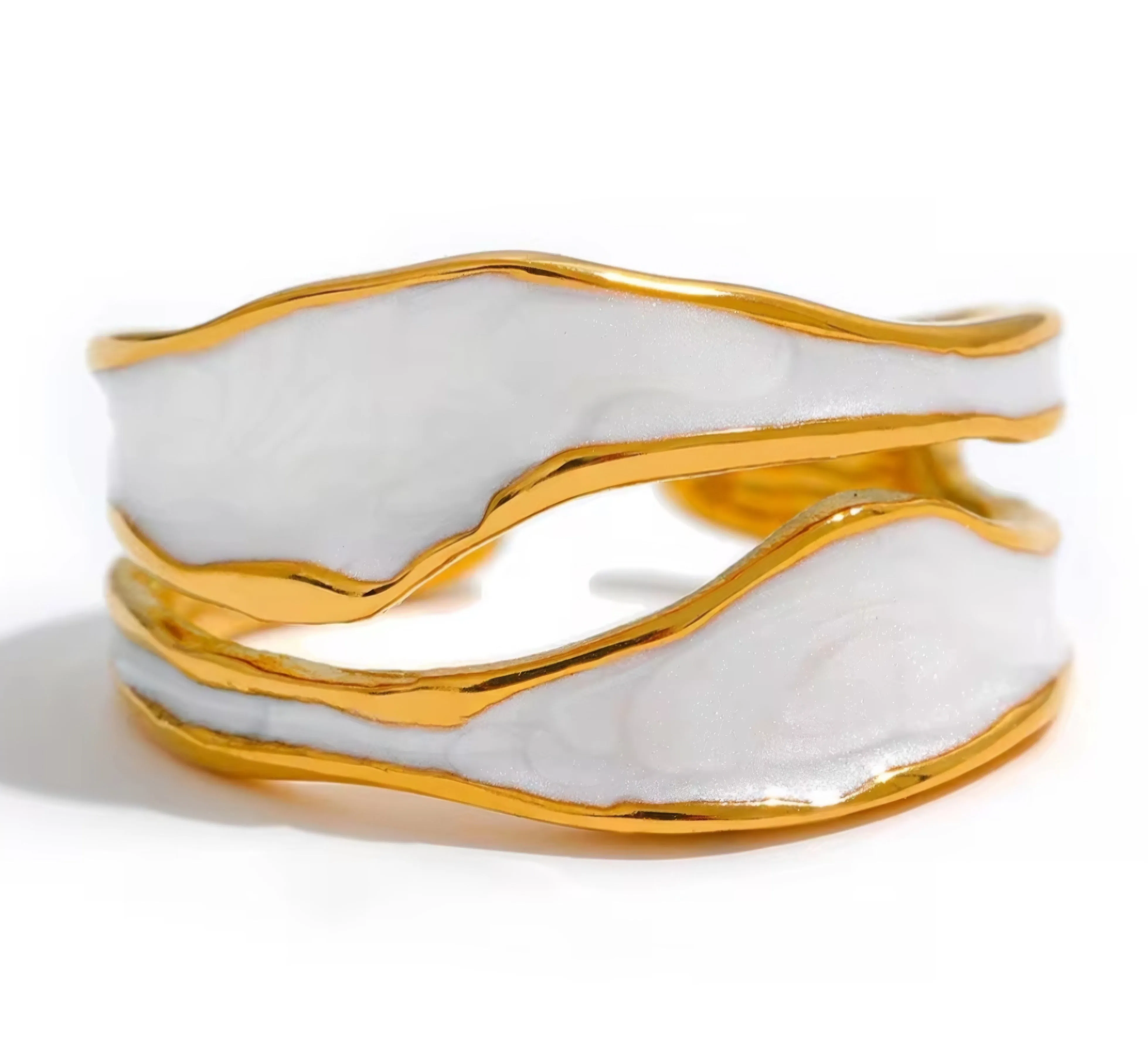 Stainless Steel Waterproof PVD Plated White Enamel Irregular Open Ring.