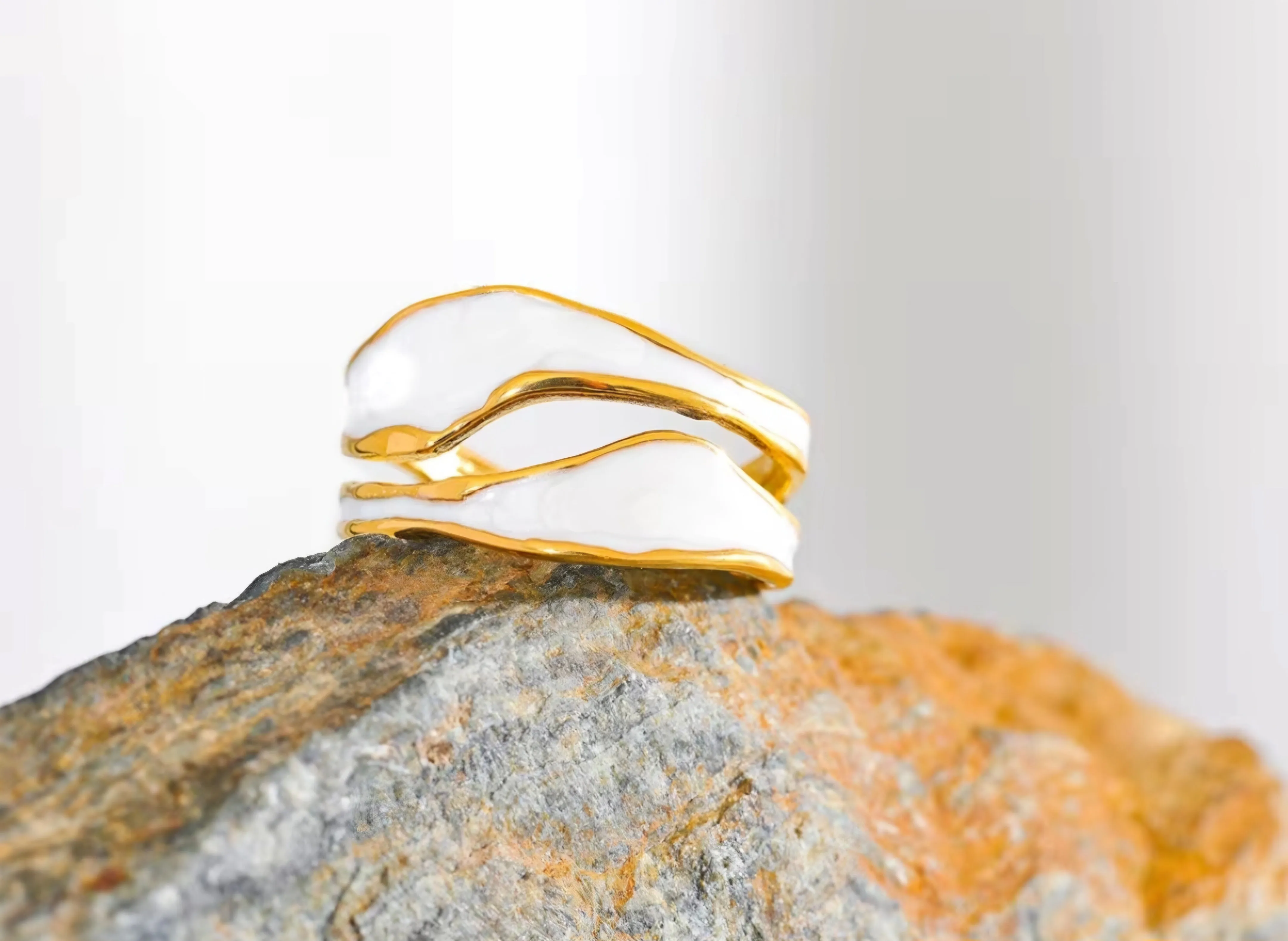 Stainless Steel Waterproof PVD Plated White Enamel Irregular Open Ring.