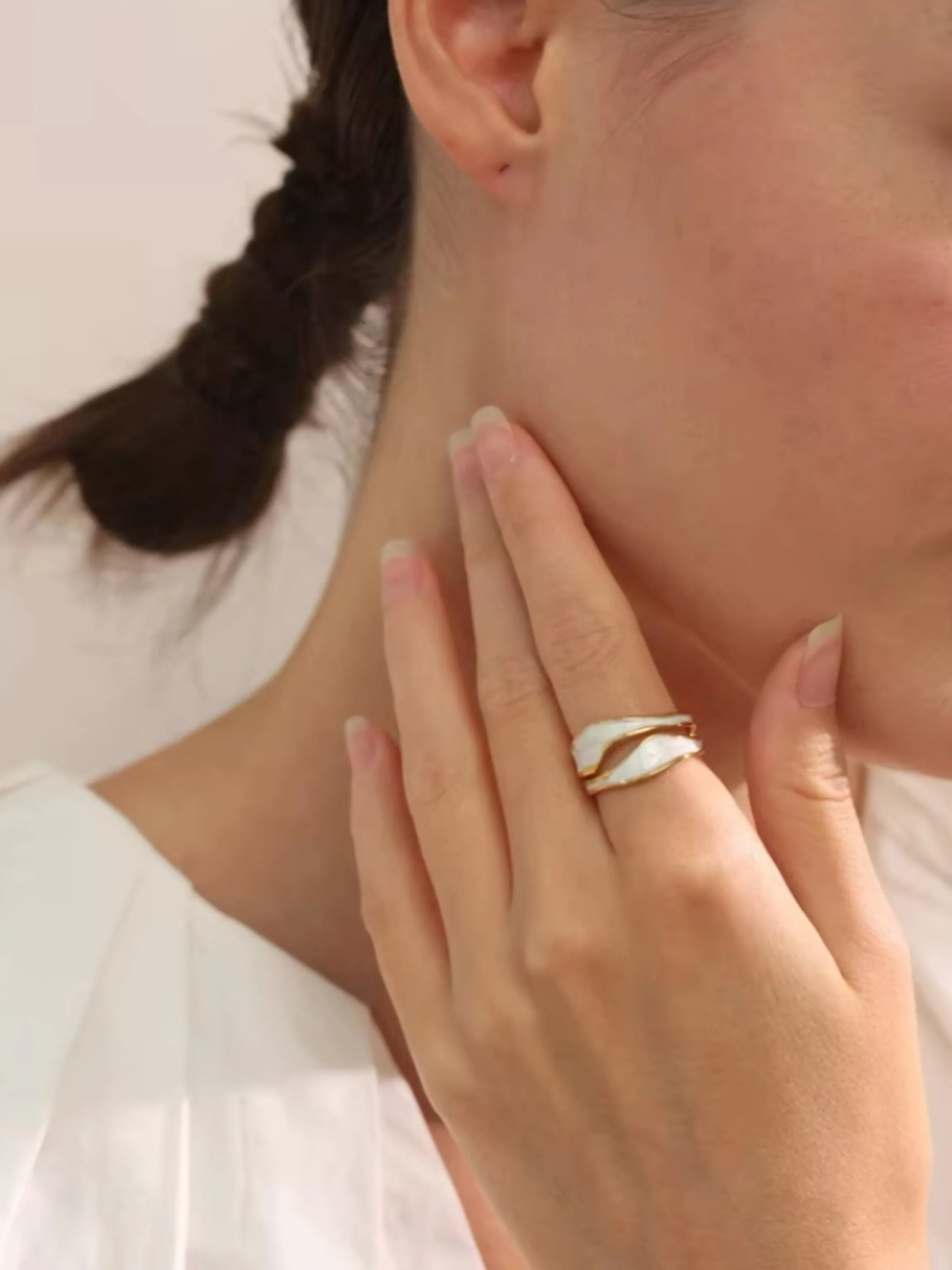 Stainless Steel Waterproof PVD Plated White Enamel Irregular Open Ring.