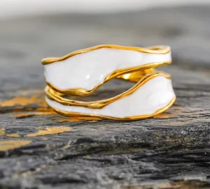 Stainless Steel Waterproof PVD Plated White Enamel Irregular Open Ring.