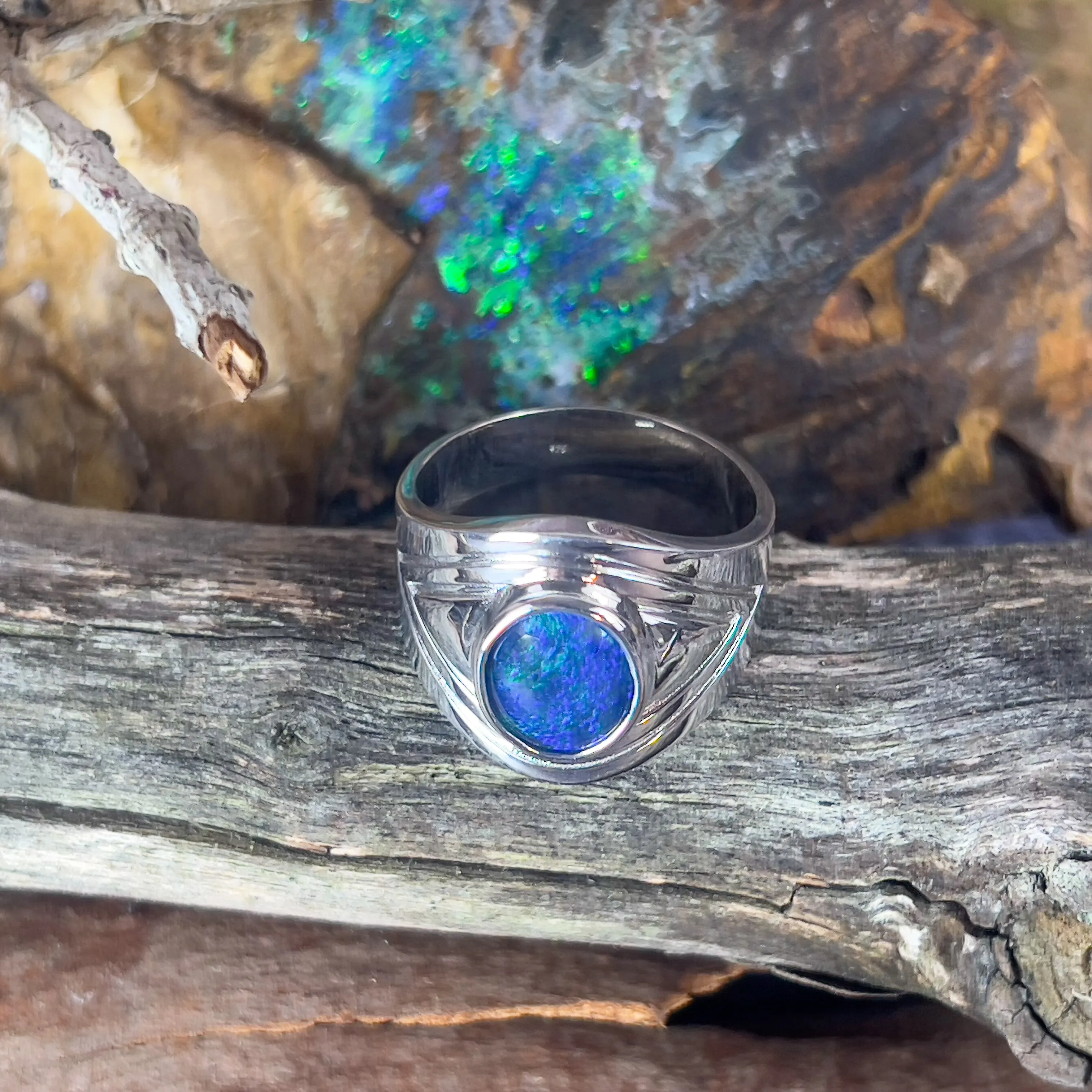 Sterling Silver Gents broad shaped ring with 11x9mm Opal Triplet bezel