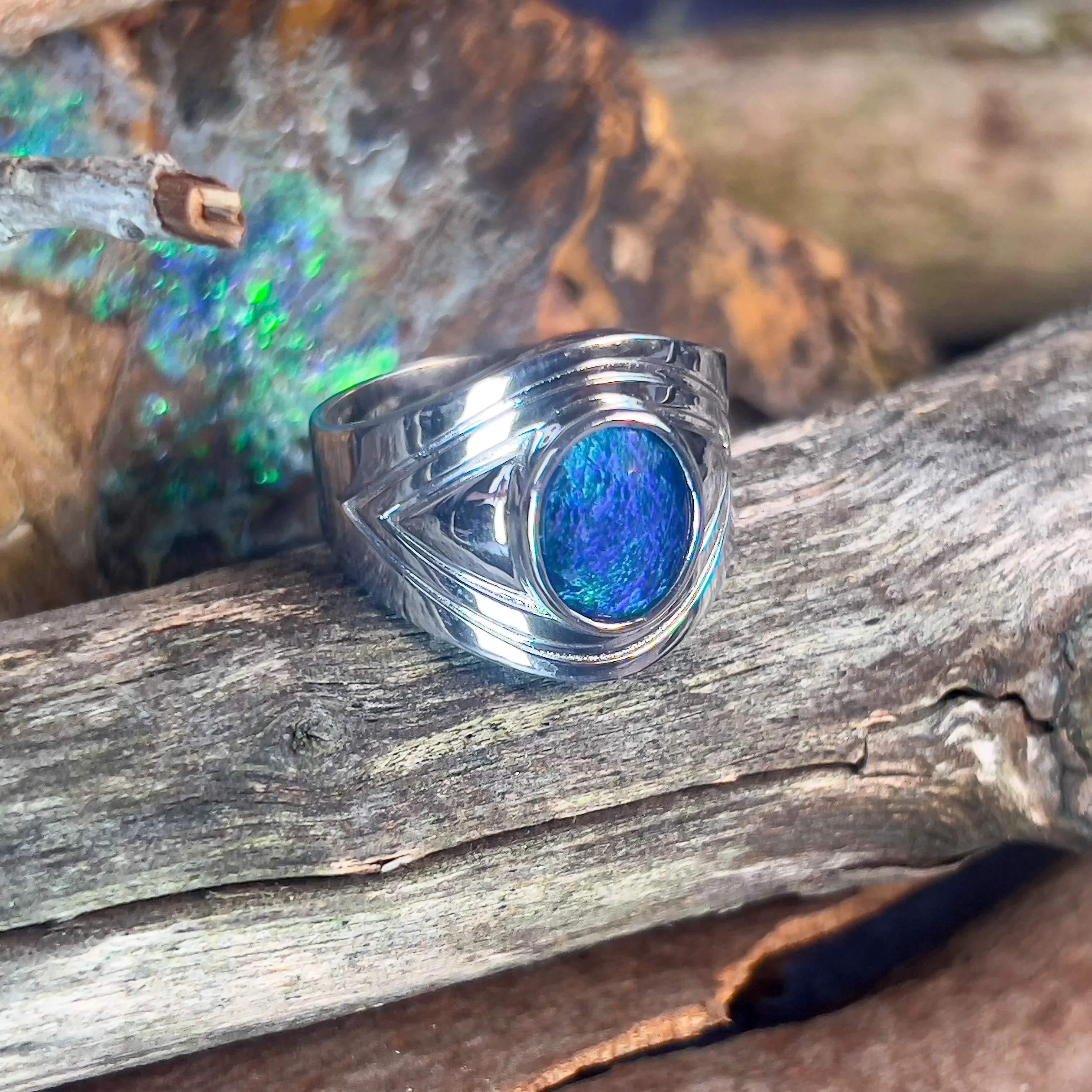 Sterling Silver Gents broad shaped ring with 11x9mm Opal Triplet bezel