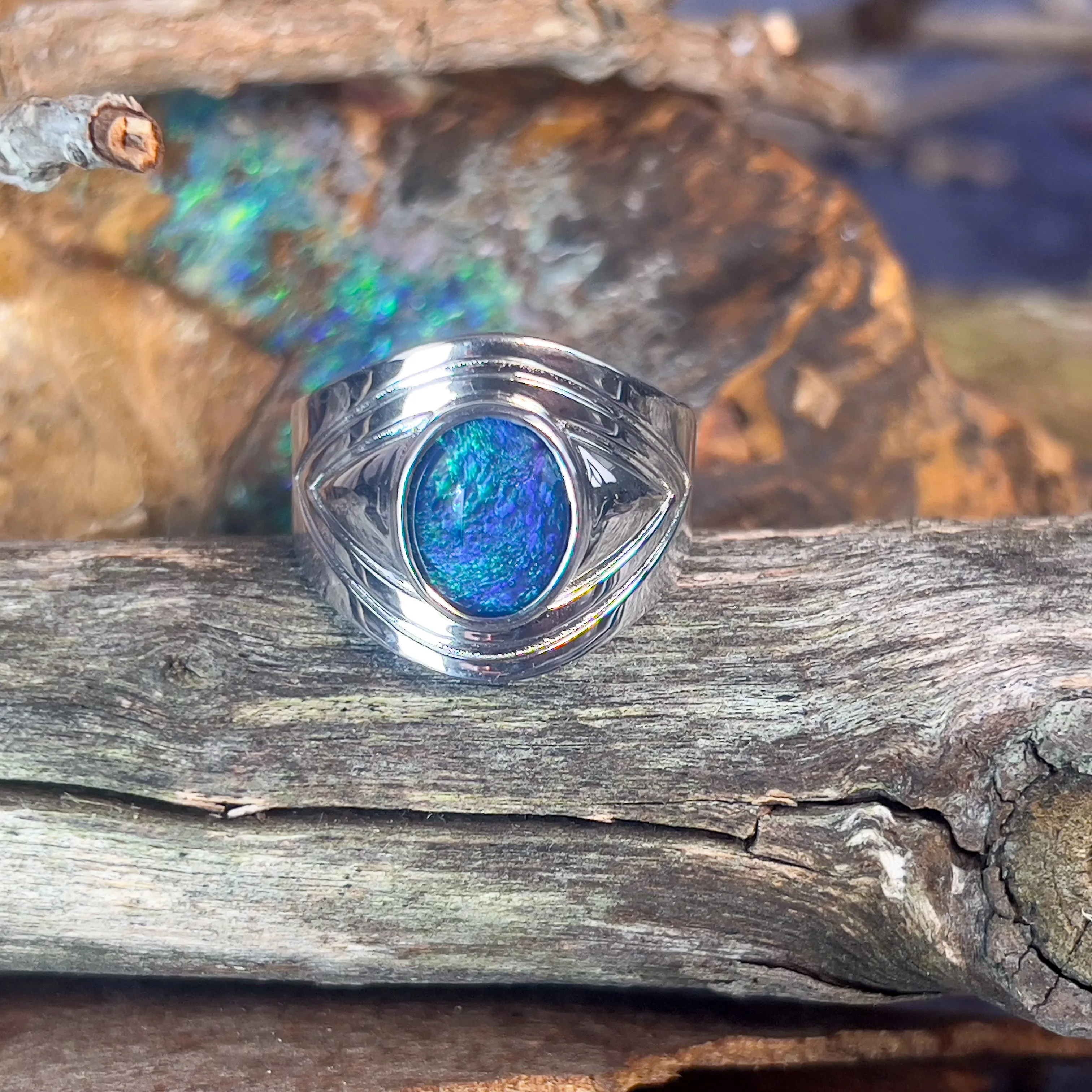 Sterling Silver Gents broad shaped ring with 11x9mm Opal Triplet bezel