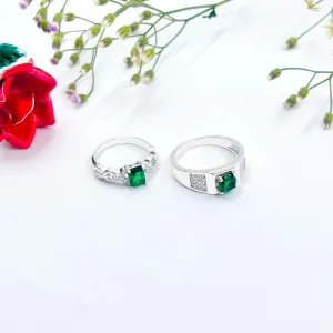 Stylish Silver Couple Rings with Elegant Green Stone in the Middle.