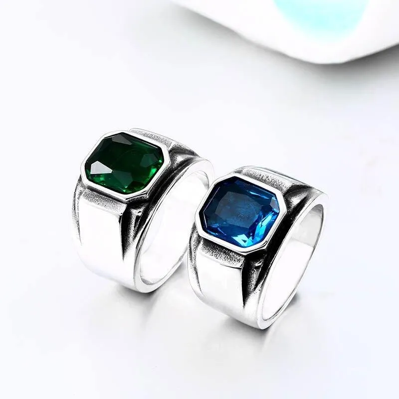 Stylish Square Embedding Green and Blue Crystal Rings