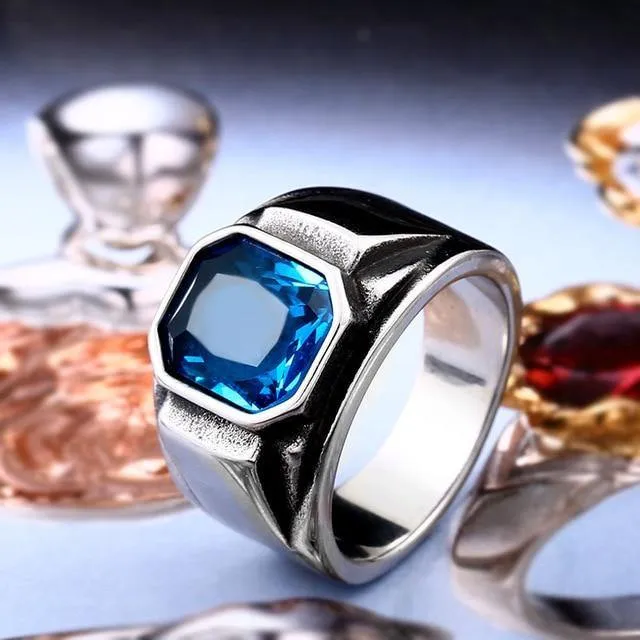 Stylish Square Embedding Green and Blue Crystal Rings