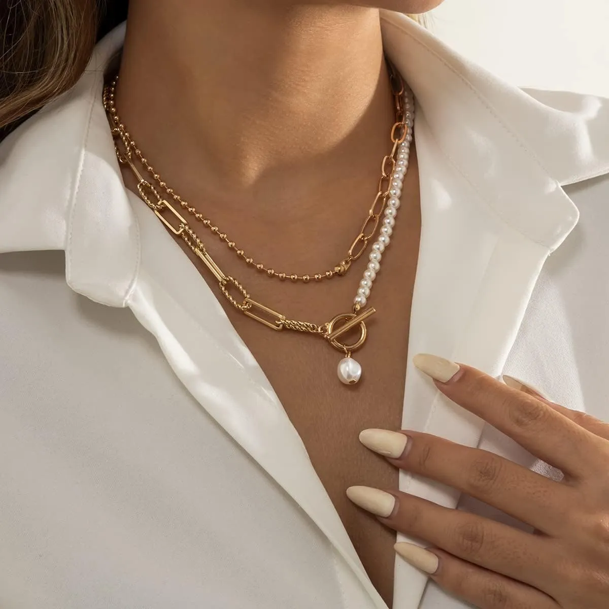 Trendy Silver Pearl Layered Necklaces for Women,Chunky Pearl Beaded Paperclip Chain Drop Necklace Stack Gold Choker Necklaces,Charm Jewelry Accessories