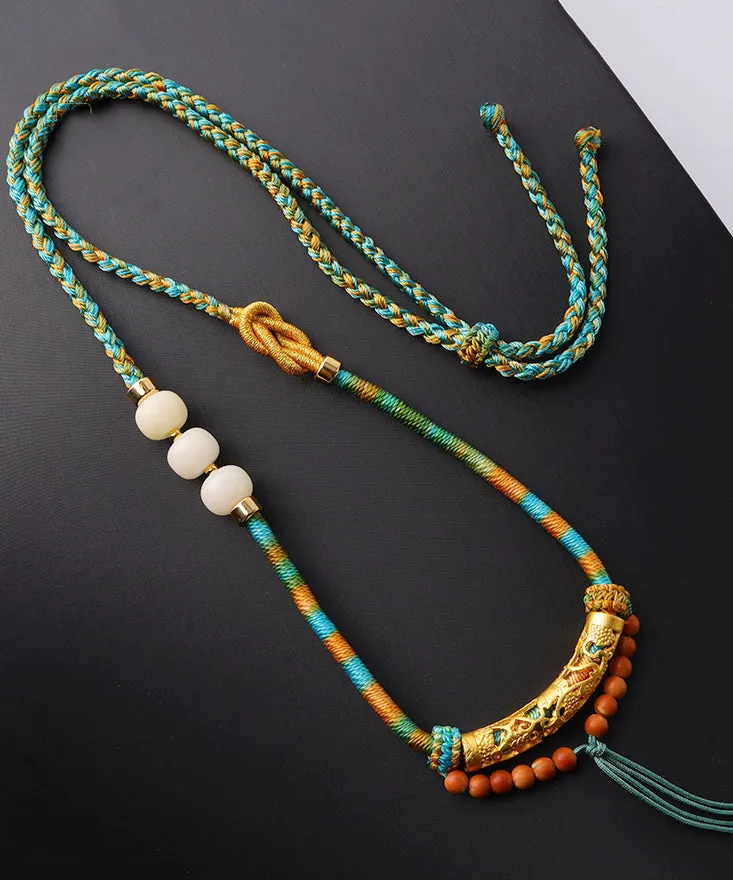 Unique Pink Copper Overgild Jade Beading Tassel Pendant Necklace