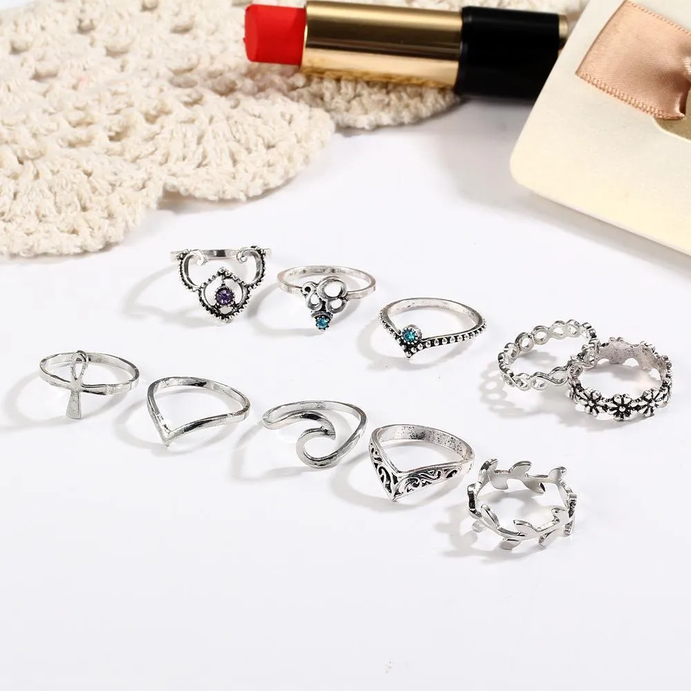 Vintage crystal hollow carved V-shaped flowers 10 sets of 10 sets of rings ring sets of jewelry