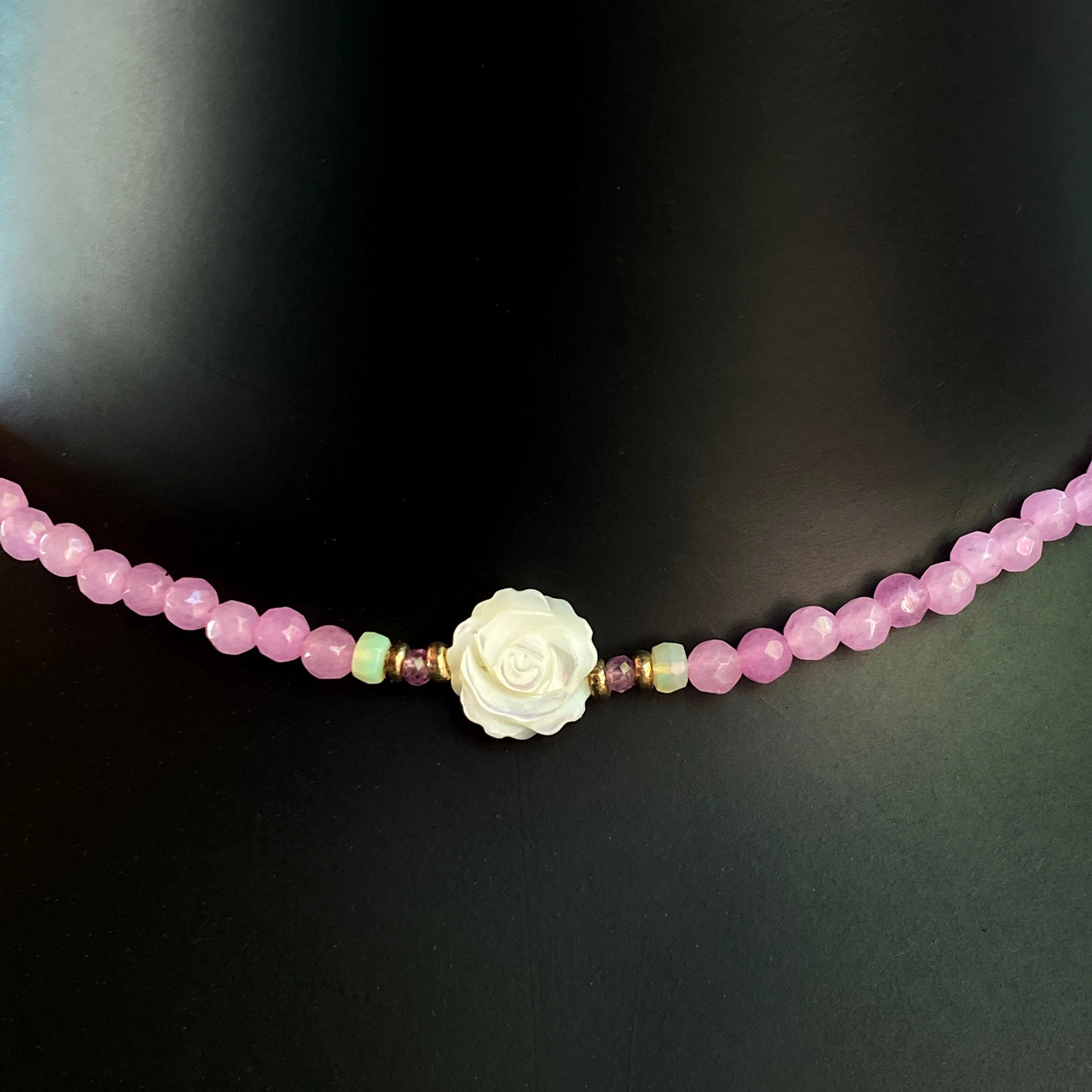 Women's Pink Agate, Opal Gemstone with Mother of Pearl Rose Choker necklace